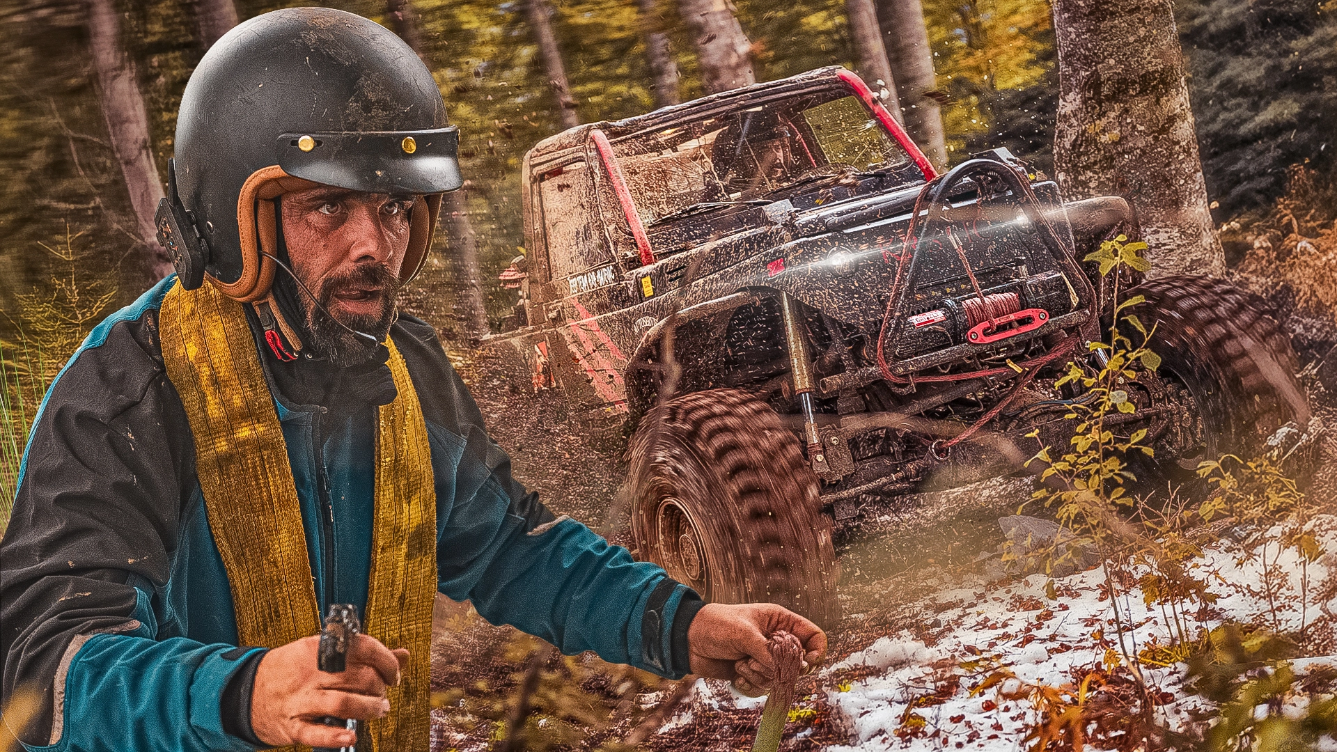 Thumbnail featuring a helmeted man and an off-road vehicle in a forest