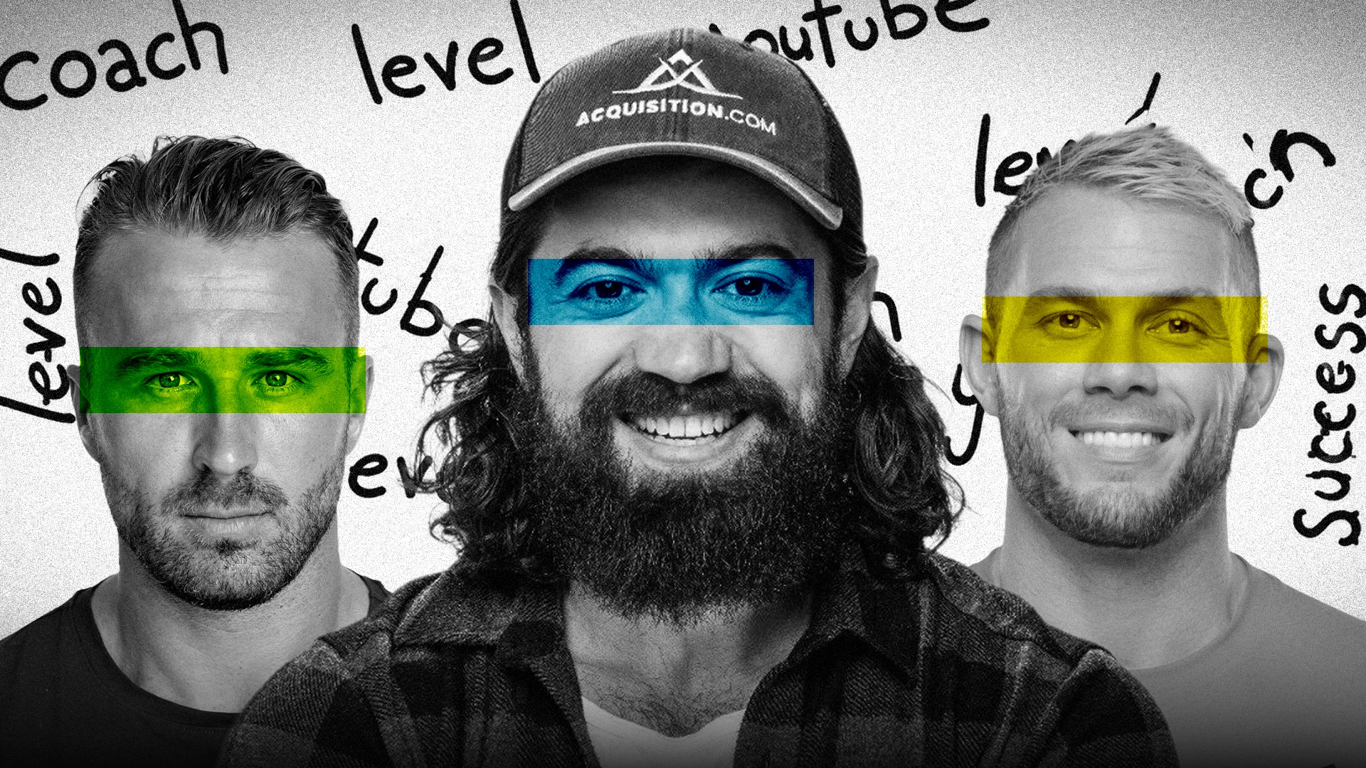 Thumbnail featuring three creators with colored bands across their eyes