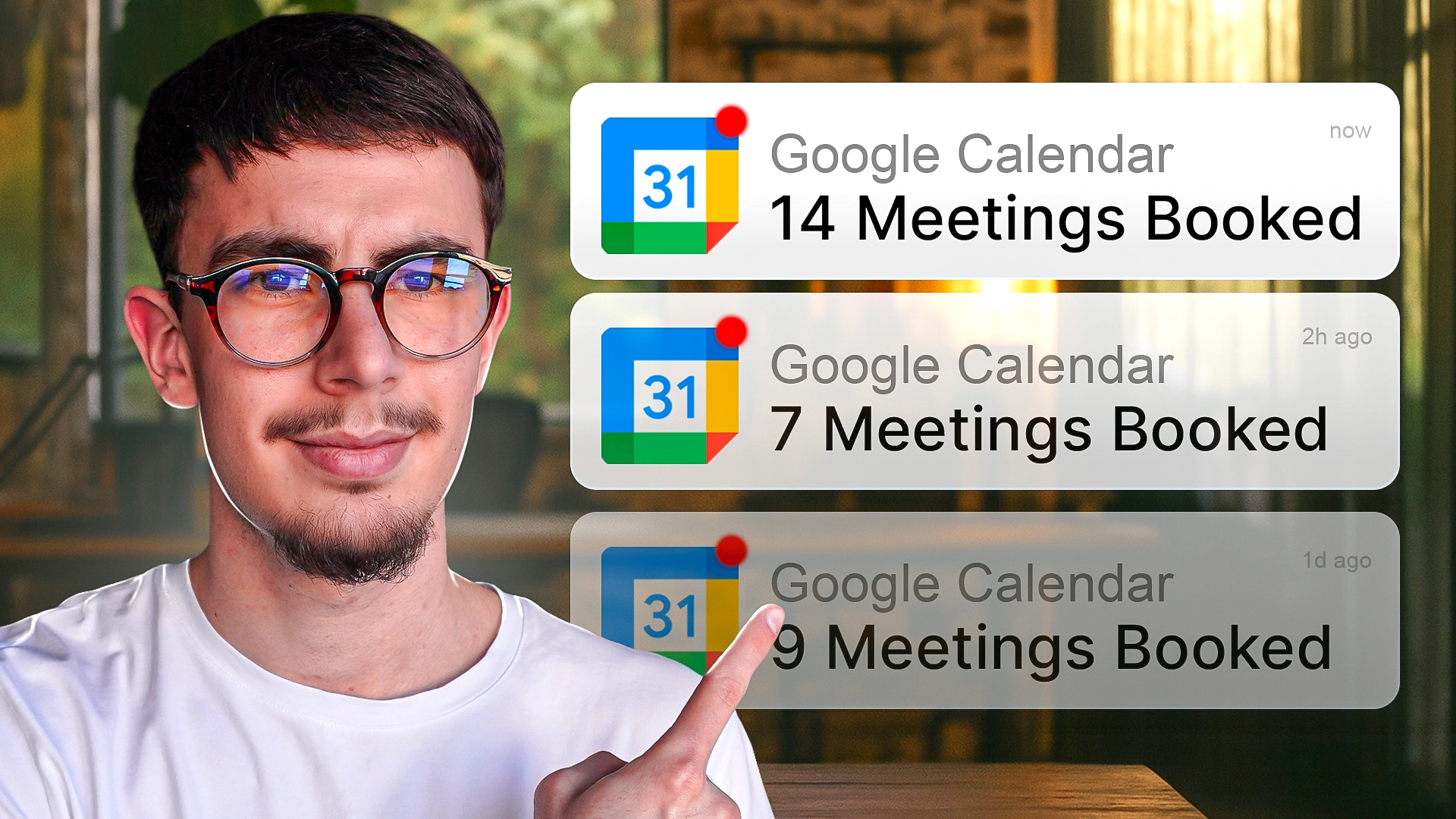 Thumbnail featuring a man pointing to Google Calendar meeting notifications