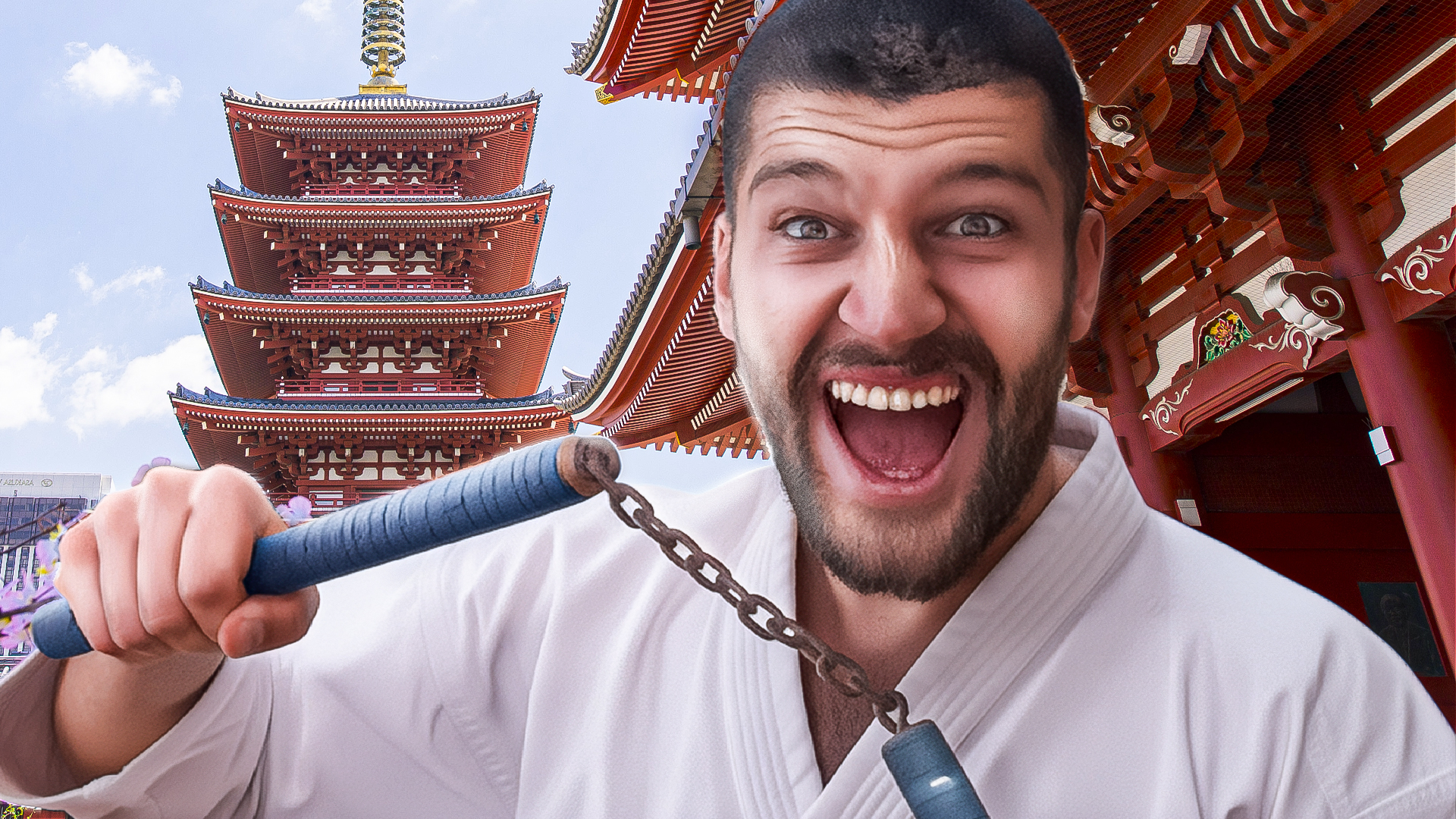 Thumbnail featuring a smiling man holding nunchucks outside a Japanese temple